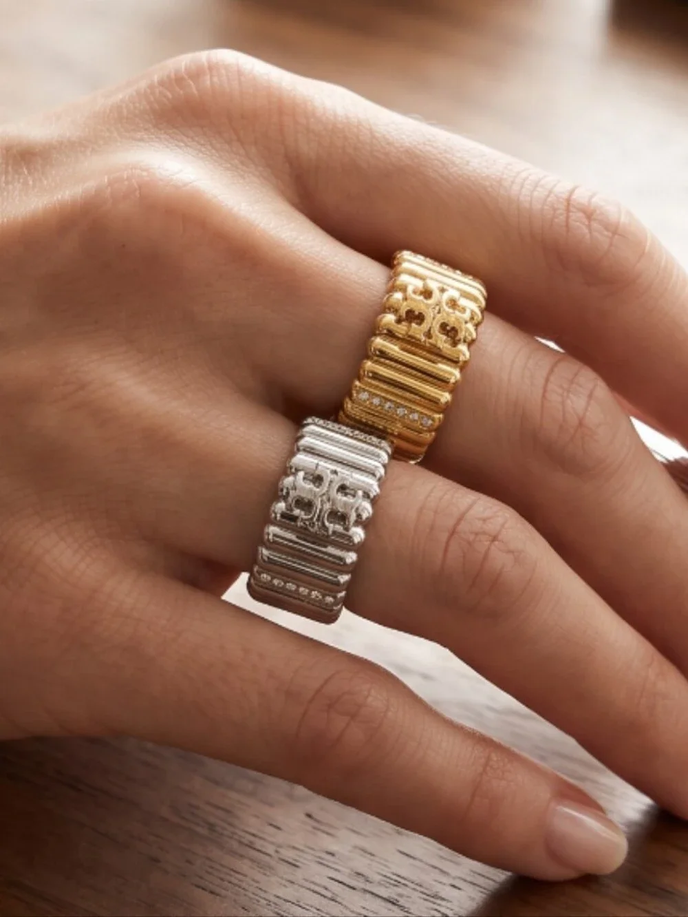 Tory Burch Crystal Textured Pavé Logo Ring - Gold or Silver